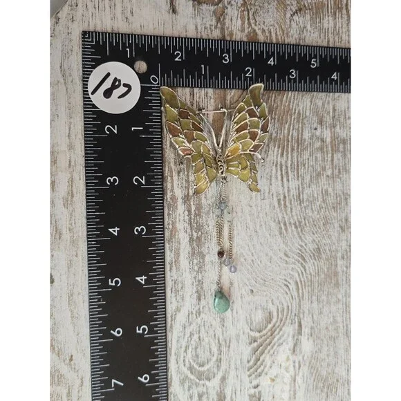 Enamel Butterfly Brooch With Dangle Beads Gold Tone Marked Figural Pin #187 - Picture 8 of 8
